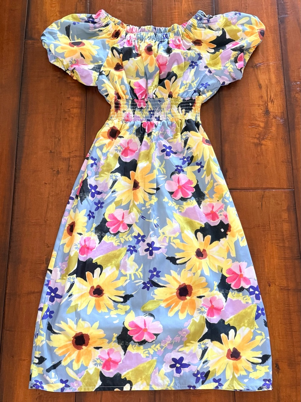 Smocked Midi Dress in Light Blue with Yellow & Pink Floral Print
